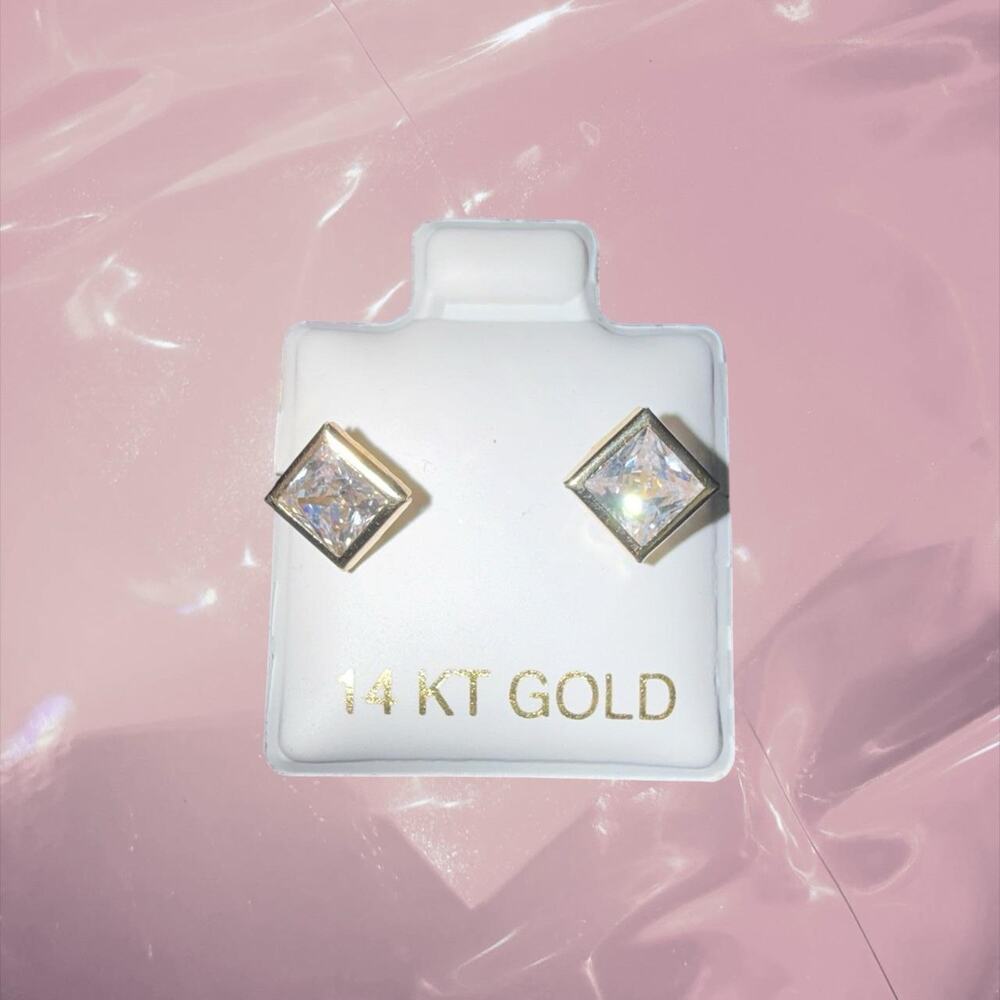 Y2K 14k gold square diamond CZ studs earrings